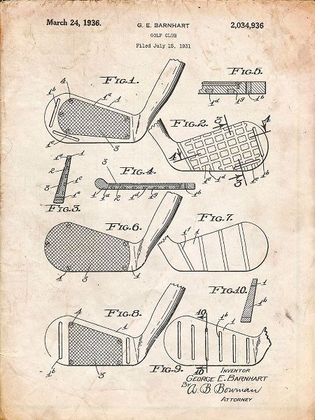 Borders, Cole 아티스트의 PP4-Vintage Parchment Golf Club Faces Patent Poster작품입니다.