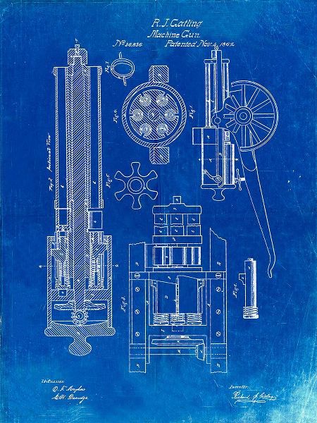 Borders, Cole 아티스트의 PP23-Faded Blueprint Gatling Gun Patent Poster작품입니다.