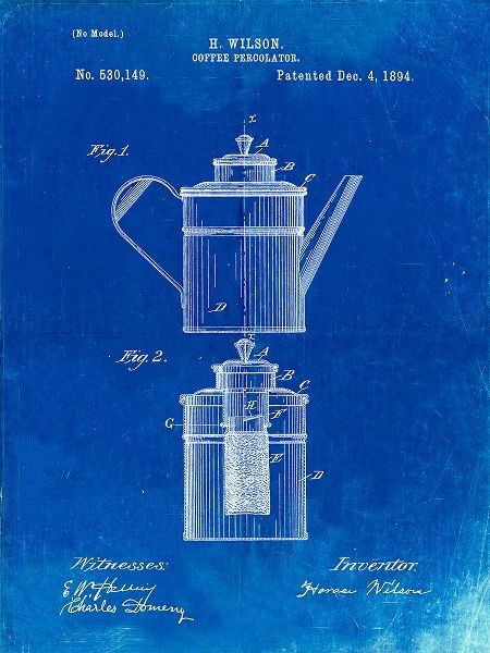 Borders, Cole 아티스트의 PP27-Faded Blueprint Coffee 2 Part Percolator 1894 Patent Poster작품입니다.