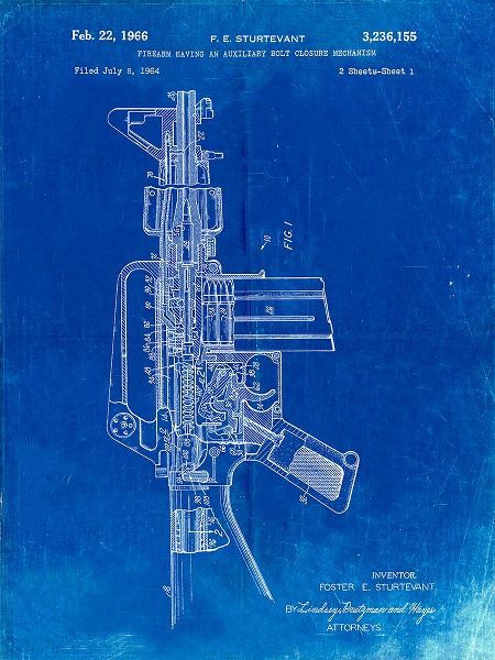 Borders, Cole 아티스트의 PP44-Faded Blueprint M-16 Rifle Patent Poster작품입니다.