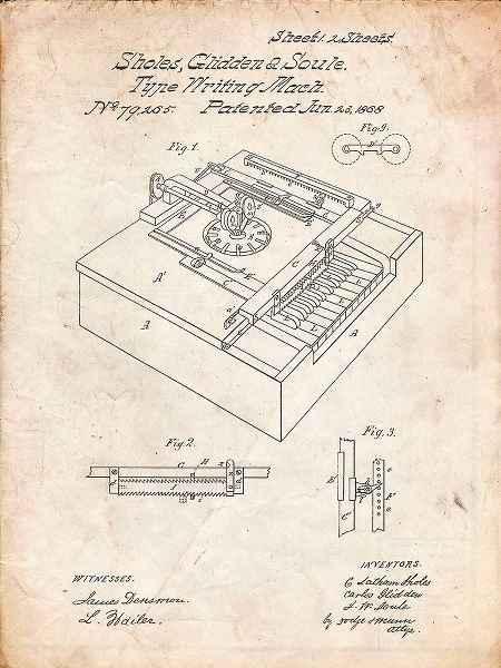 Borders, Cole 아티스트의 PP45-Vintage Parchment Sholes and Glidden Type- Writer Patent Poster작품입니다.