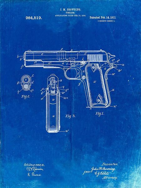 Borders, Cole 아티스트의 PP76-Faded Blueprint Colt 1911 Semi-Automatic Pistol Patent Poster작품입니다.