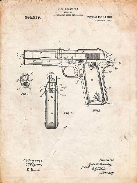 Borders, Cole 아티스트의 PP76-Vintage Parchment Colt 1911 Semi-Automatic Pistol Patent Poster작품입니다.