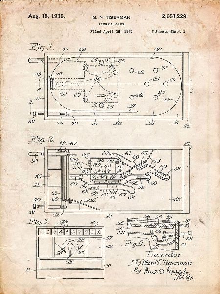 Borders, Cole 아티스트의 PP79-Vintage Parchment Pin Ball Machine Patent Poster작품입니다.
