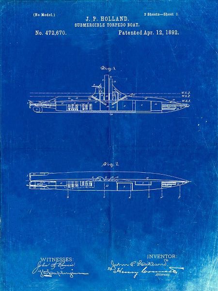 Borders, Cole 아티스트의 PP91-Faded Blueprint Holland Submarine Patent Poster작품입니다.