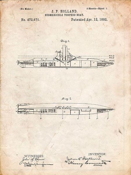 Borders, Cole 아티스트의 PP91-Vintage Parchment Holland Submarine Patent Poster작품입니다.