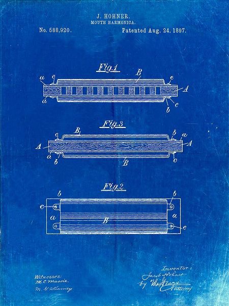 Borders, Cole 아티스트의 PP94-Faded Blueprint Hohner Harmonica Patent Poster작품입니다.