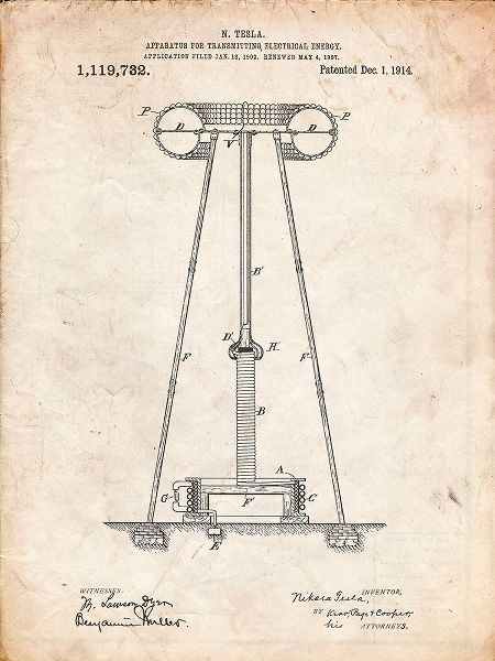 Borders, Cole 아티스트의 PP241-Vintage Parchment Tesla Energy Transmitter Patent Poster작품입니다.
