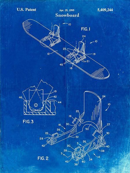 Borders, Cole 아티스트의 PP246-Faded Blueprint Burton Baseless Binding 1995 Snowboard Patent Poster작품입니다.