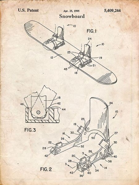 Borders, Cole 아티스트의 PP246-Vintage Parchment Burton Baseless Binding 1995 Snowboard Patent Poster작품입니다.