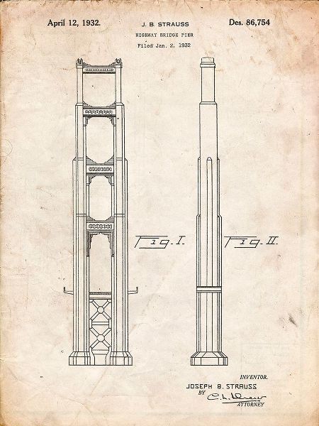 Borders, Cole 아티스트의 PP321-Vintage Parchment Golden Gate Bridge Main Tower Patent Poster작품입니다.
