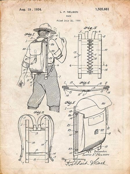 Borders, Cole 아티스트의 PP342-Vintage Parchment Trapper Nelson Backpack 1924 Patent Poster작품입니다.
