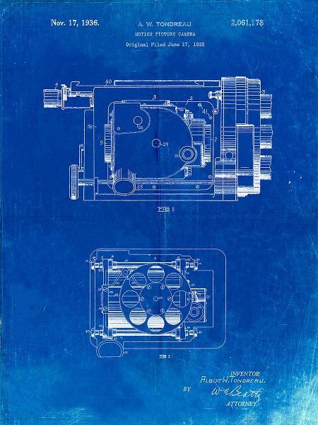 Borders, Cole 아티스트의 PP390-Faded Blueprint Motion Picture Camera 1932 Patent Poster작품입니다.