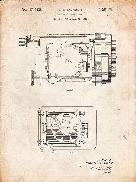 Borders, Cole 아티스트의 PP390-Vintage Parchment Motion Picture Camera 1932 Patent Poster작품입니다.