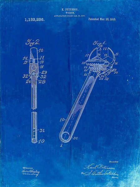 Borders, Cole 아티스트의 PP437-Faded Blueprint Crecent Wrench 1915 Patent Poster작품입니다.