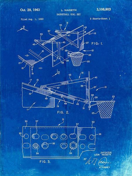 Borders, Cole 아티스트의 PP454-Faded Blueprint Basketball Adjustable Goal 1962 Patent Poster작품입니다.