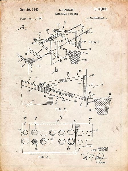 Borders, Cole 아티스트의 PP454-Vintage Parchment Basketball Adjustable Goal 1962 Patent Poster작품입니다.