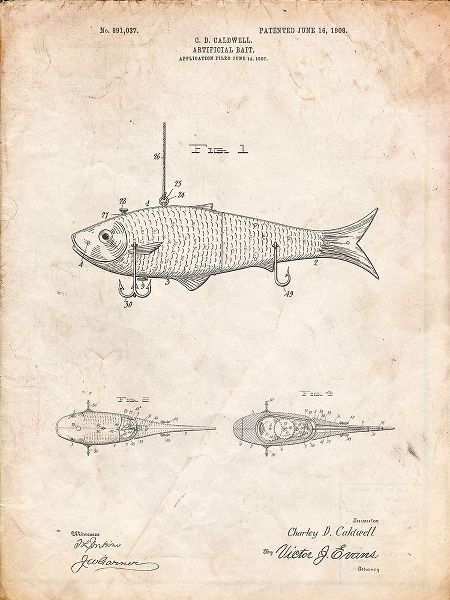 Borders, Cole 아티스트의 PP485-Vintage Parchment Fishing Artificial Bait Poster작품입니다.