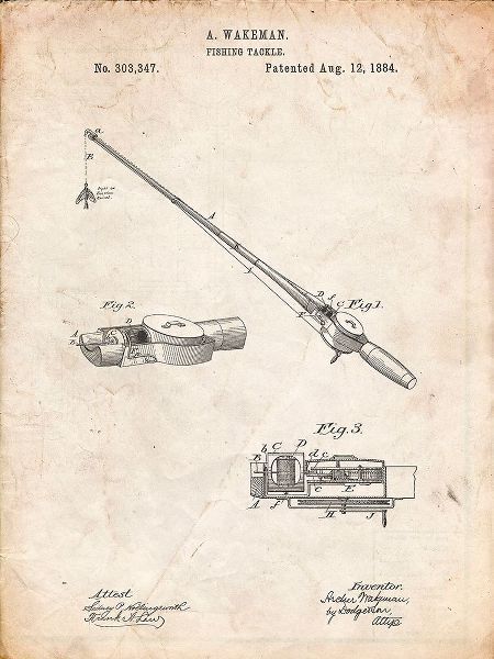 Borders, Cole 아티스트의 PP490-Vintage Parchment Fishing Rod and Reel 1884 Patent Poster작품입니다.
