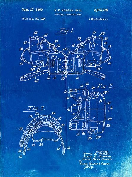 Borders, Cole 아티스트의 PP504-Faded Blueprint Vintage Football Shoulder Pads Patent Poster작품입니다.
