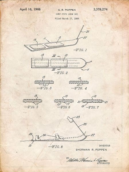 Borders, Cole 아티스트의 PP508-Vintage Parchment Snurfer Poppen First Modern Snowboard Patent Poster작품입니다.