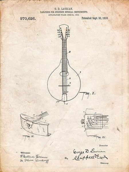Borders, Cole 아티스트의 PP514-Vintage Parchment Gibson Mandolin Tailpiece Patent Poster작품입니다.
