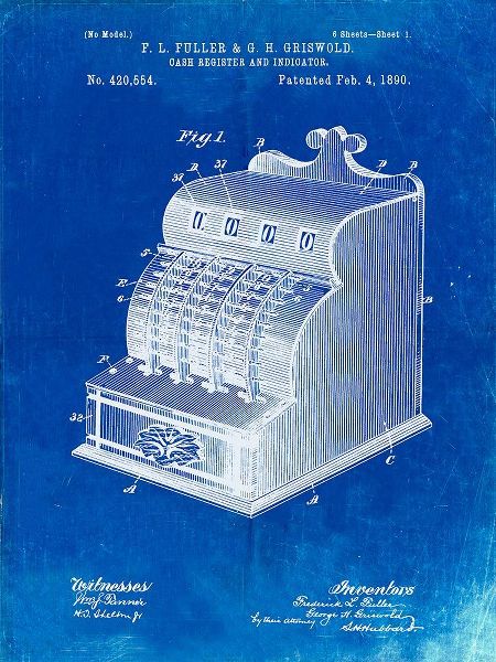 Borders, Cole 아티스트의 PP531-Faded Blueprint Vintage Cash Register 1890 Patent Poster작품입니다.