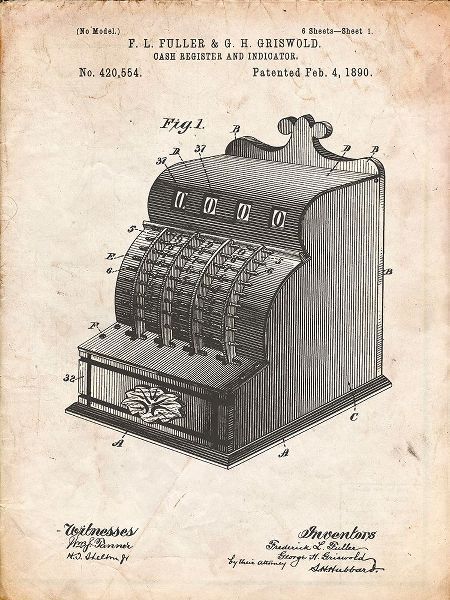 Borders, Cole 아티스트의 PP531-Vintage Parchment Vintage Cash Register 1890 Patent Poster작품입니다.