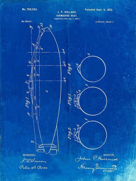Borders, Cole 아티스트의 PP602-Faded Blueprint Holland 1 Submarine Patent Poster작품입니다.