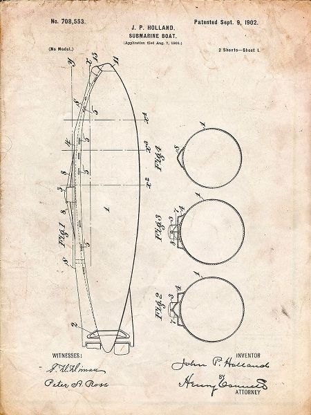 Borders, Cole 아티스트의 PP602-Vintage Parchment Holland 1 Submarine Patent Poster작품입니다.