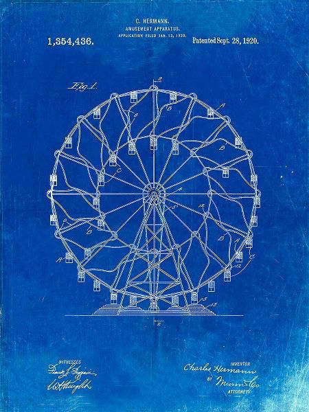 Borders, Cole 아티스트의 PP615-Faded Blueprint Ferris Wheel 1920 Patent Poster작품입니다.
