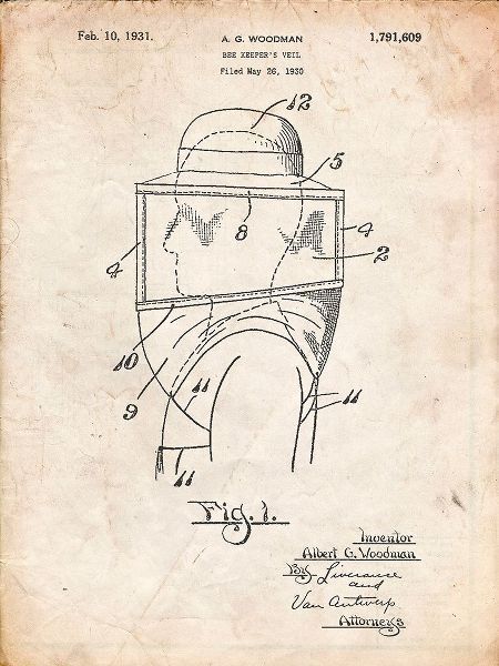 Borders, Cole 아티스트의 PP726-Vintage Parchment Bee Keeper Hat and Veil Patent Poster작품입니다.
