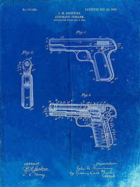 Borders, Cole 아티스트의 PP755-Faded Blueprint Browning No. 2 Handgun Patent Poster작품입니다.