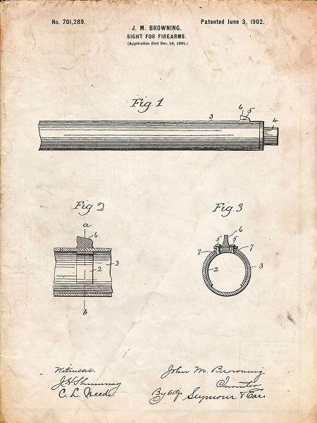 Borders, Cole 아티스트의 PP756-Vintage Parchment Browning Sight for Firearms Patent Poster작품입니다.