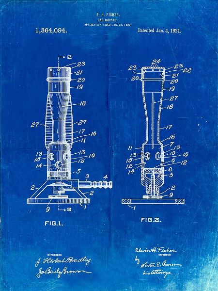 Borders, Cole 아티스트의 PP758-Faded Blueprint Bunsen Burner 1921 Patent Poster작품입니다.