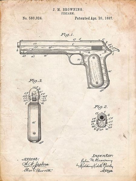 Borders, Cole 아티스트의 PP770-Vintage Parchment Colt Automatic Pistol of 1900 Patent Poster작품입니다.