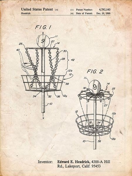 Borders, Cole 아티스트의 PP783-Vintage Parchment Disk Golf Basket 1988 Patent Poster작품입니다.