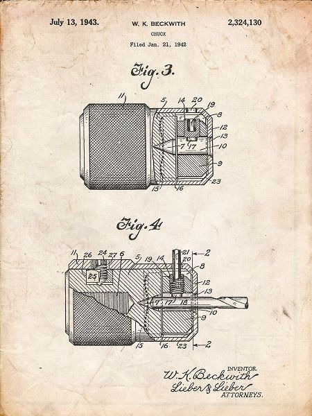 Borders, Cole 아티스트의 PP787-Vintage Parchment Drill Chuck 1943 Patent Poster작품입니다.