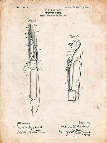 Borders, Cole 아티스트의 PP822-Vintage Parchment Folding Hunting Knife 1902 Patent Poster작품입니다.