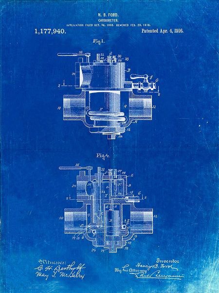 Borders, Cole 아티스트의 PP835-Faded Blueprint Ford Carburetor 1916 Patent Poster작품입니다.