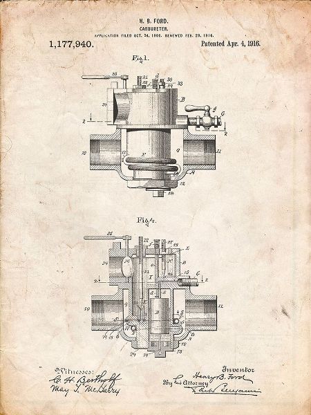 Borders, Cole 아티스트의 PP835-Vintage Parchment Ford Carburetor 1916 Patent Poster작품입니다.