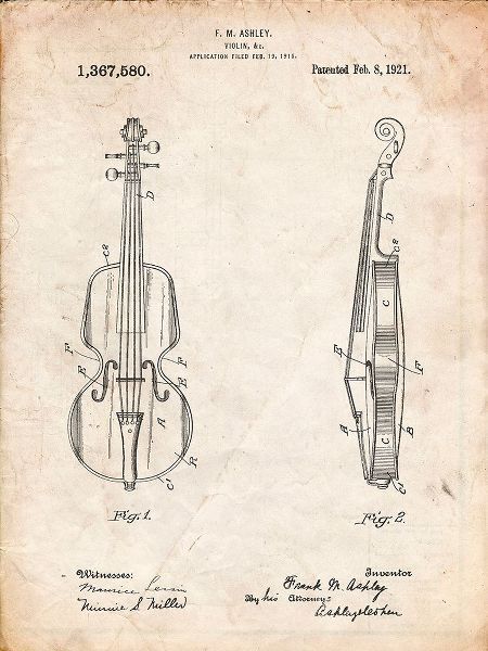 Borders, Cole 아티스트의 PP853-Vintage Parchment Frank M. Ashley Violin Patent Poster작품입니다.