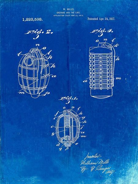 Borders, Cole 아티스트의 PP866-Faded Blueprint Hand Grenade 1915 Patent Poster작품입니다.