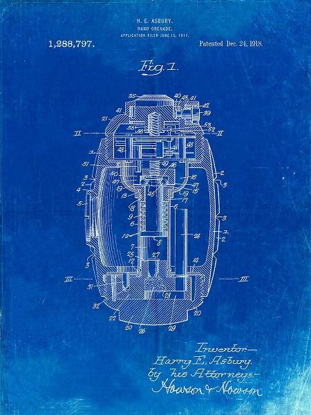Borders, Cole 아티스트의 PP868-Faded Blueprint Hand Grenade World War 1 Patent Poster작품입니다.