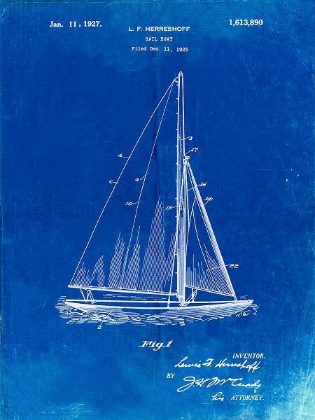 Borders, Cole 아티스트의 PP878-Faded Blueprint Herreshoff R 40 Gamecock Racing Sailboat Patent Poster작품입니다.