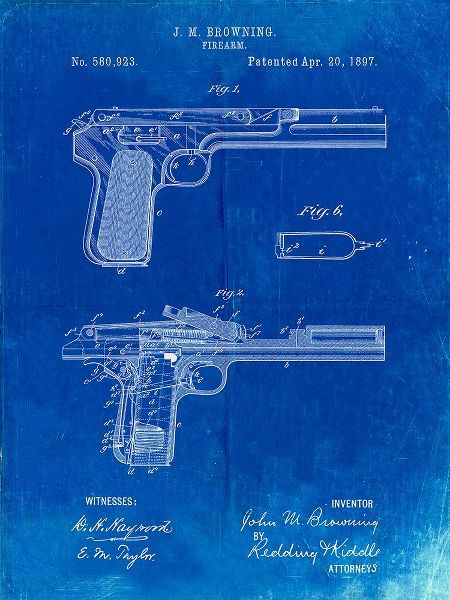 Borders, Cole 아티스트의 PP894-Faded Blueprint J.M. Browning Pistol Patent Poster작품입니다.