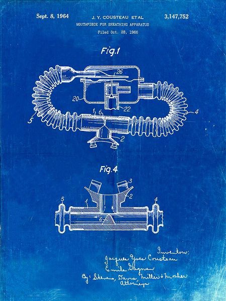 Borders, Cole 아티스트의 PP896-Faded Blueprint Jacques Cousteau Diving Mouthpiece Patent Poster작품입니다.