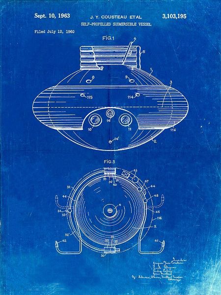 Borders, Cole 아티스트의 PP898-Faded Blueprint Jacques Cousteau Submersible Vessel Patent Poster작품입니다.