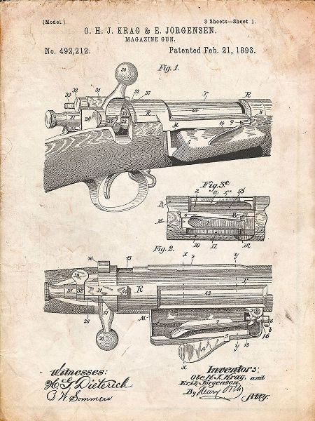 Borders, Cole 아티스트의 PP913-Vintage Parchment Krag JÃrgensen Repeating Rifle Patent Print작품입니다.