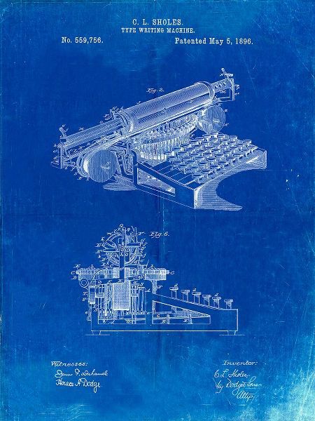 Borders, Cole 아티스트의 PP918-Faded Blueprint Last Sholes Typewriter Patent Poster작품입니다.